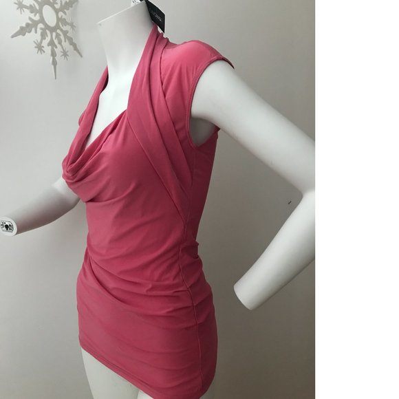 .Le Chateau Corral Peach Salmon Pink Blush Top Asymmetrical Cowlneck Stretchy - Picture 1 of 5